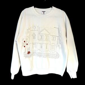 Vintage Grandmacore See-through Lace Appliqué Sweatshirt Size L Cottagecore